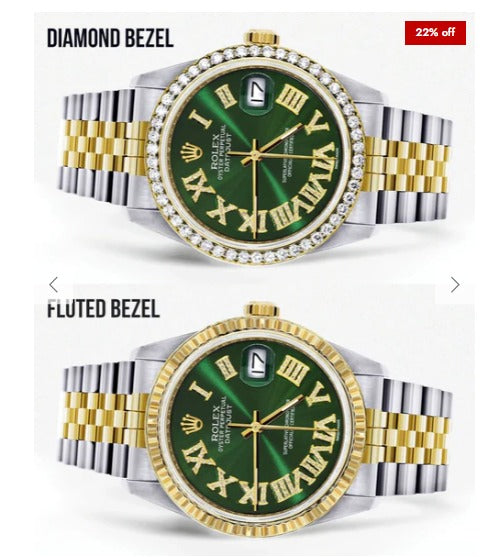 Gold &amp; Steel Rolex Datejust Watch 16233 for Men | 36Mm | Green Roman Dial | Jubilee Band