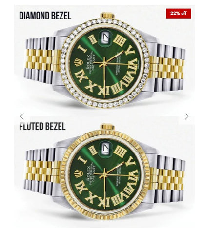 Gold &amp; Steel Rolex Datejust Watch 16233 for Men | 36Mm | Green Roman Dial | Jubilee Band