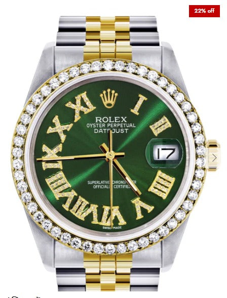 Gold &amp; Steel Rolex Datejust Watch 16233 for Men | 36Mm | Green Roman Dial | Jubilee Band