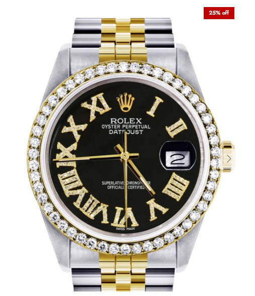 Gold & Steel Rolex Datejust Watch 16233 for Men | 36Mm | Black Roman Dial | Jubilee Band