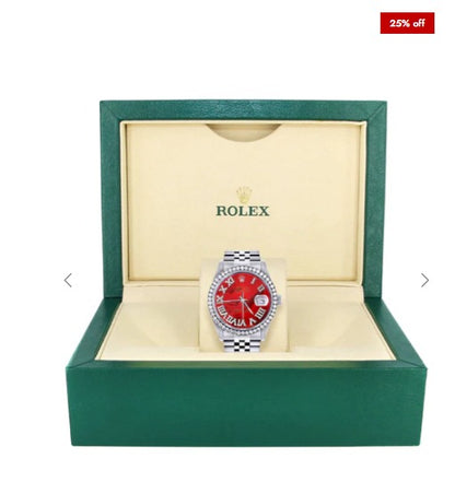 Diamond Mens Rolex Datejust Watch 16200 | 36Mm | Diamond Red Mother Of Pearl Roman Numeral Dial | Jubilee Band