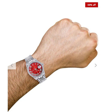 Diamond Mens Rolex Datejust Watch 16200 | 36Mm | Diamond Red Mother Of Pearl Roman Numeral Dial | Jubilee Band