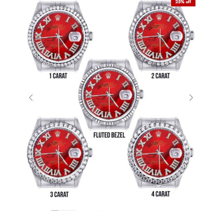 Diamond Mens Rolex Datejust Watch 16200 | 36Mm | Diamond Red Mother Of Pearl Roman Numeral Dial | Jubilee Band