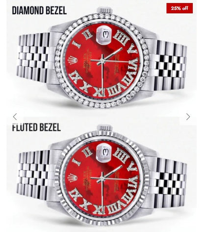 Diamond Mens Rolex Datejust Watch 16200 | 36Mm | Diamond Red Mother Of Pearl Roman Numeral Dial | Jubilee Band