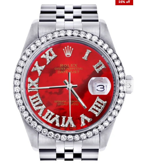 Diamond Mens Rolex Datejust Watch 16200 | 36Mm | Diamond Red Mother Of Pearl Roman Numeral Dial | Jubilee Band