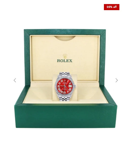 Diamond Mens Rolex Datejust Watch 16200 | 36Mm | Red Roman Numeral Dial | Jubilee Band