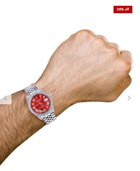 Diamond Mens Rolex Datejust Watch 16200 | 36Mm | Red Roman Numeral Dial | Jubilee Band