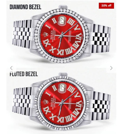 Diamond Mens Rolex Datejust Watch 16200 | 36Mm | Red Roman Numeral Dial | Jubilee Band