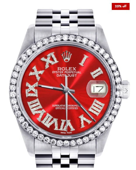 Diamond Mens Rolex Datejust Watch 16200 | 36Mm | Red Roman Numeral Dial | Jubilee Band