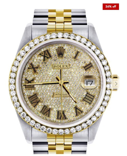 Diamond Gold Rolex Watch For Men 16233 | 36MM | Full Diamond Roman Dial | Jubilee Band