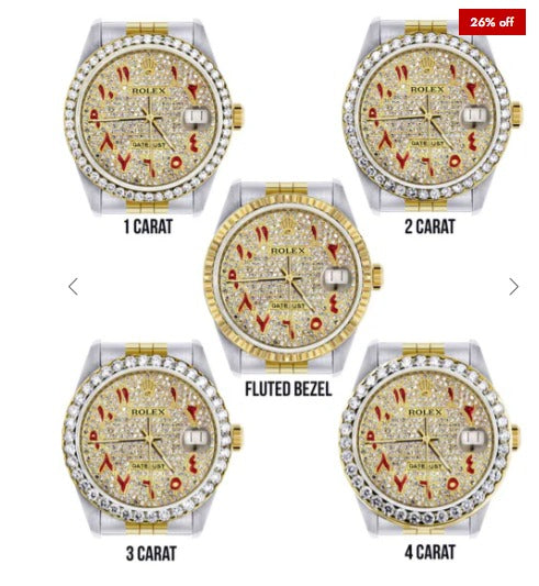 Diamond Gold Rolex Watch For Men 16233 | 36Mm | Custom Red Arabic Full Diamond Dial | Jubilee Band
