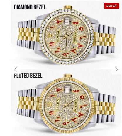 Diamond Gold Rolex Watch For Men 16233 | 36Mm | Custom Red Arabic Full Diamond Dial | Jubilee Band