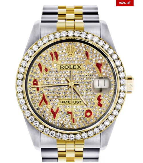 Diamond Gold Rolex Watch For Men 16233 | 36Mm | Custom Red Arabic Full Diamond Dial | Jubilee Band