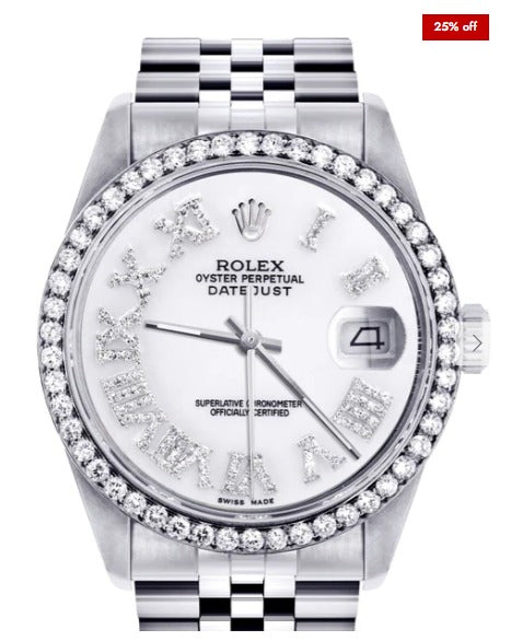 Diamond Mens Rolex Datejust Watch 16200 | 36Mm | White Roman Numeral Dial | Jubilee Band
