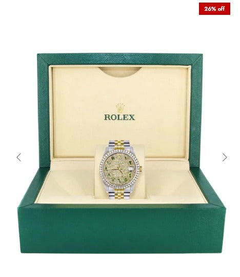 Diamond Gold Rolex Watch For Men 16233 | 36Mm | Custom Green Arabic Full Diamond Dial | Jubilee Band