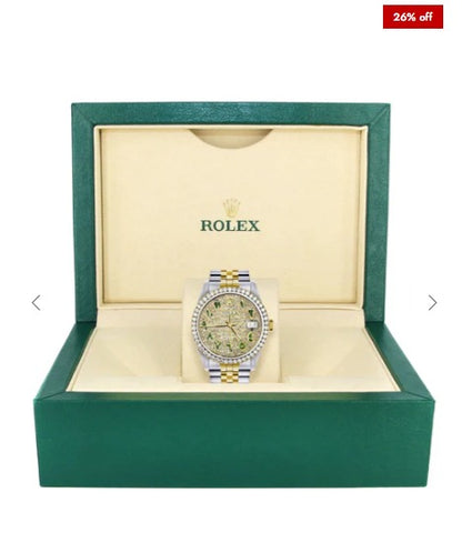 Diamond Gold Rolex Watch For Men 16233 | 36Mm | Custom Green Arabic Full Diamond Dial | Jubilee Band