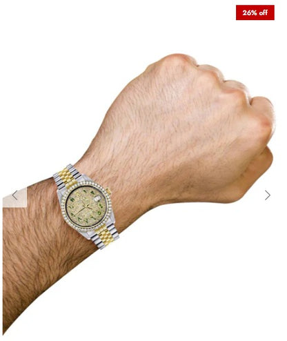 Diamond Gold Rolex Watch For Men 16233 | 36Mm | Custom Green Arabic Full Diamond Dial | Jubilee Band