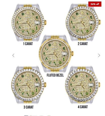 Diamond Gold Rolex Watch For Men 16233 | 36Mm | Custom Green Arabic Full Diamond Dial | Jubilee Band