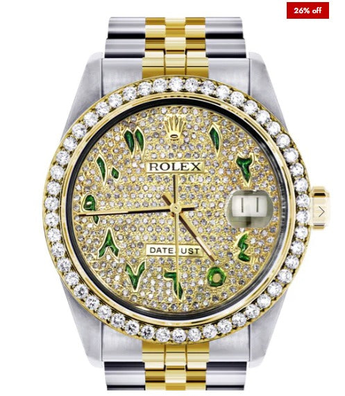 Diamond Gold Rolex Watch For Men 16233 | 36Mm | Custom Green Arabic Full Diamond Dial | Jubilee Band