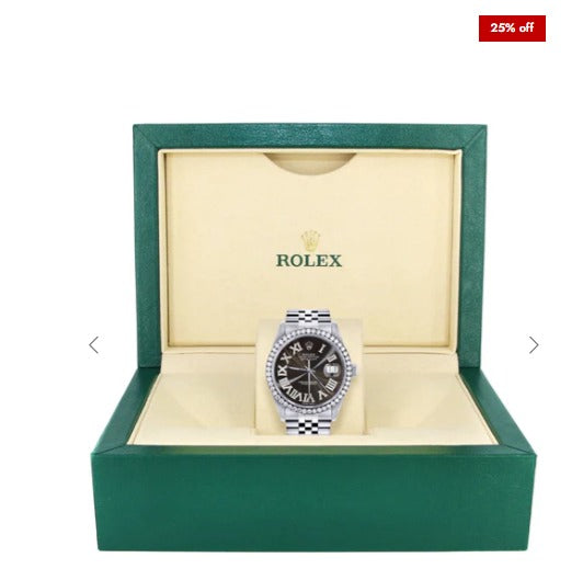 Diamond Mens Rolex Datejust Watch 16200 | 36Mm | Custom Dark Brown Roman Numeral Dial | Jubilee Band