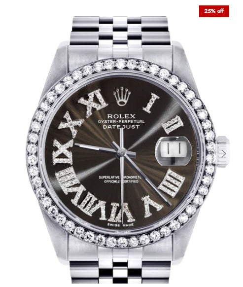 Diamond Mens Rolex Datejust Watch 16200 | 36Mm | Custom Dark Brown Roman Numeral Dial | Jubilee Band