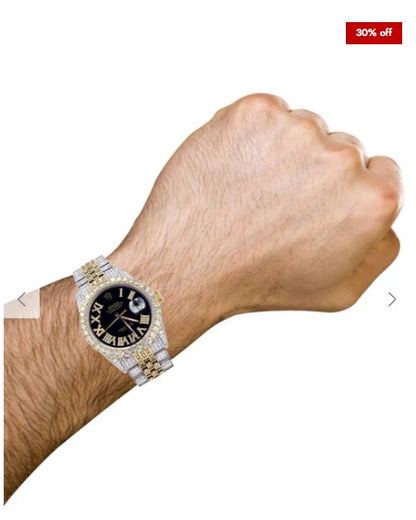 Iced Out Rolex Datejust 36 MM | Two Tone | 10 Carats of Diamonds | Black Roman Diamond Dial