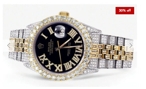 Iced Out Rolex Datejust 36 MM | Two Tone | 10 Carats of Diamonds | Black Roman Diamond Dial