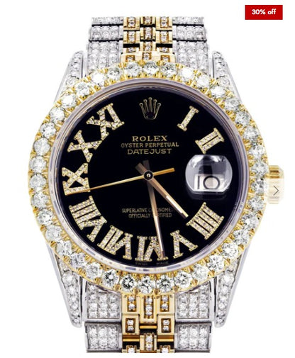 Iced Out Rolex Datejust 36 MM | Two Tone | 10 Carats of Diamonds | Black Roman Diamond Dial