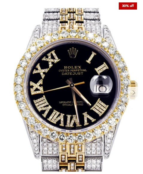 Iced Out Rolex Datejust 36 MM | Two Tone | 10 Carats of Diamonds | Black Roman Diamond Dial