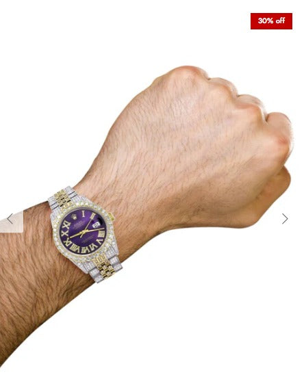 Iced Out Rolex Datejust 36 MM | Two Tone | 10 Carats of Diamonds | Purple Roman Diamond Dial
