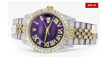 Iced Out Rolex Datejust 36 MM | Two Tone | 10 Carats of Diamonds | Purple Roman Diamond Dial