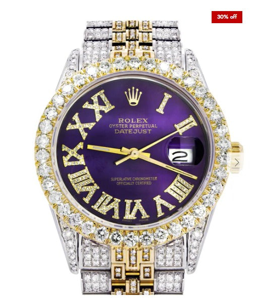 Iced Out Rolex Datejust 36 MM | Two Tone | 10 Carats of Diamonds | Purple Roman Diamond Dial