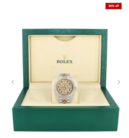 Iced Out Rolex Datejust 36 MM | Two Tone | 10 Carats of Diamonds | Full Diamond Red Arabic Dial