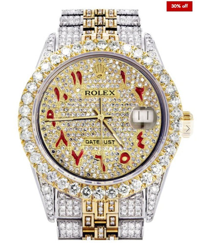 Iced Out Rolex Datejust 36 MM | Two Tone | 10 Carats of Diamonds | Full Diamond Red Arabic Dial