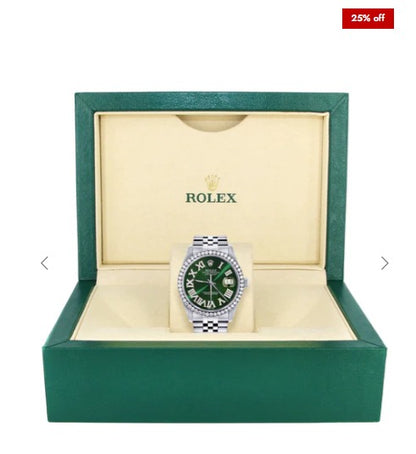 Diamond Mens Rolex Datejust Watch 16200 | 36Mm | Custom Green Roman Numeral Dial | Jubilee Band