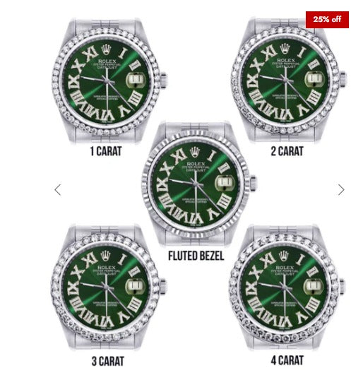 Diamond Mens Rolex Datejust Watch 16200 | 36Mm | Custom Green Roman Numeral Dial | Jubilee Band