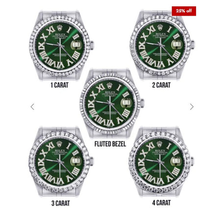 Diamond Mens Rolex Datejust Watch 16200 | 36Mm | Custom Green Roman Numeral Dial | Jubilee Band