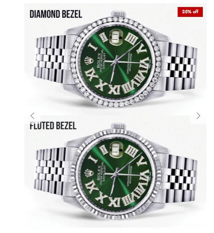 Diamond Mens Rolex Datejust Watch 16200 | 36Mm | Custom Green Roman Numeral Dial | Jubilee Band