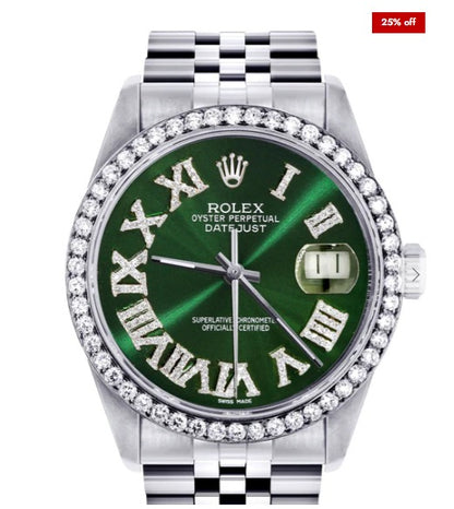 Diamond Mens Rolex Datejust Watch 16200 | 36Mm | Custom Green Roman Numeral Dial | Jubilee Band