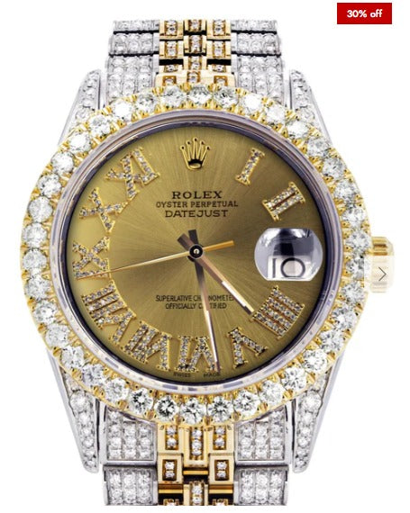 Iced Out Rolex Datejust 36 MM | Two Tone | 10 Carats of Diamonds | Gold Roman Diamond Dial