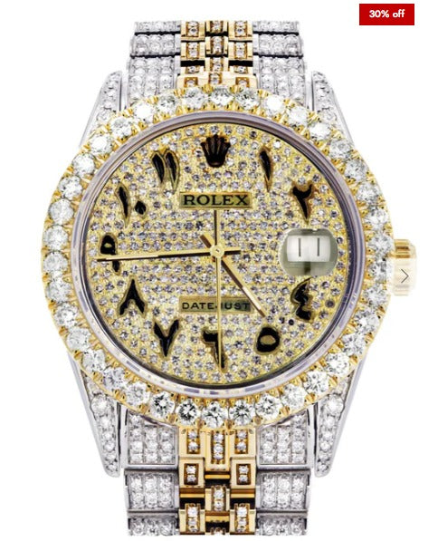 Iced Out Rolex Datejust 36 MM | Two Tone | 10 Carats of Diamonds | Full Diamond Arabic Diamond Dial