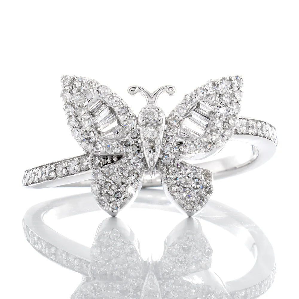 "Moissanite Butterfly Ring with Round & Baguette Stones – 0.45ctw VVS D-Color 925 Sterling Silver Statement Jewelry for Women"