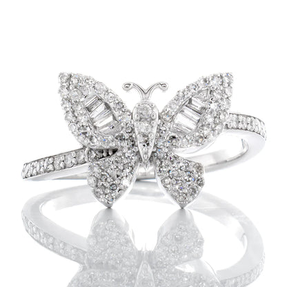 "Moissanite Butterfly Ring with Round & Baguette Stones – 0.45ctw VVS D-Color 925 Sterling Silver Statement Jewelry for Women"