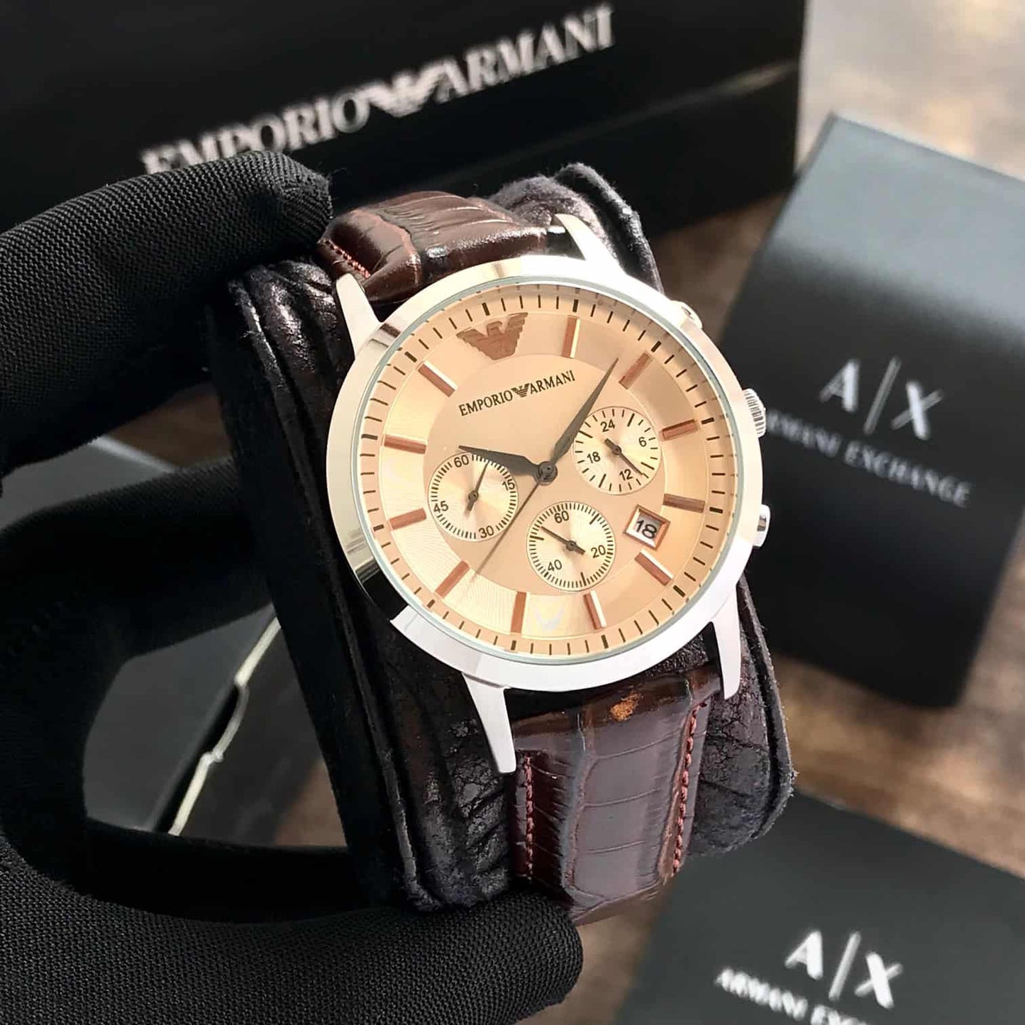 Emporio Armani AR2433 Chronograph 43mm Beige Dial Men’s Watch with Brown Leather Strap – Swiss ETA Quartz Movement 1:1 Super Clone Replica