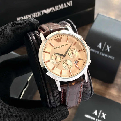Emporio Armani AR2433 Chronograph 43mm Beige Dial Men’s Watch with Brown Leather Strap – Swiss ETA Quartz Movement 1:1 Super Clone Replica