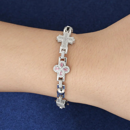 14mm Moissanite Pink Four-Leaf Clover Cross Bracelet – VVS Diamond-Look Statement Jewelry in 925 Silver, Yellow, Rose & White Gold Finishes