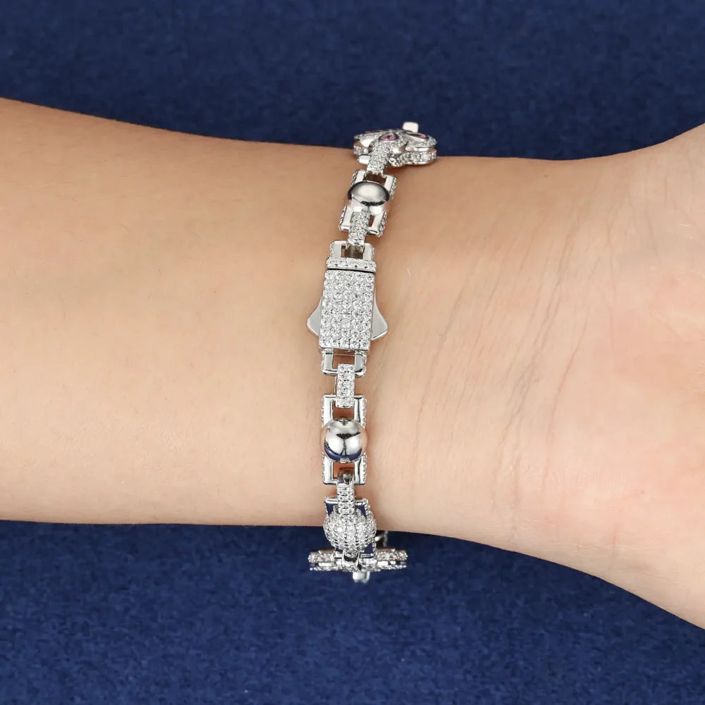 14mm Moissanite Pink Four-Leaf Clover Cross Bracelet – VVS Diamond-Look Statement Jewelry in 925 Silver, Yellow, Rose & White Gold Finishes