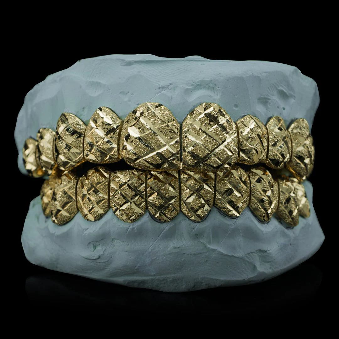 "Solid Gold Diamond Cut Grillz with Moissanite & Diamond Dust for Women – Iced Out Custom Teeth Jewelry with Luxury Shine"