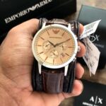 Emporio Armani AR2433 Chronograph 43mm Beige Dial Men’s Watch with Brown Leather Strap – Swiss ETA Quartz Movement 1:1 Super Clone Replica