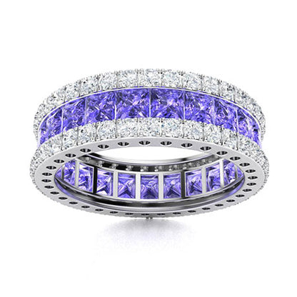 "Princess-Cut Tanzanite and Moissanite Wedding Ring for Women – Natural AAAA Tanzanite with Diamond-Look Stones in Elegant Band"